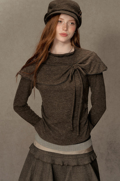 Bowknot Cape Collar Long Sleeve Top
