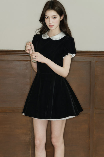 Lace Collar Velvet Puff Sleeve Dress