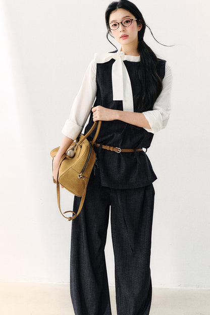 Round Neck Color-Block Ribbon Shirt