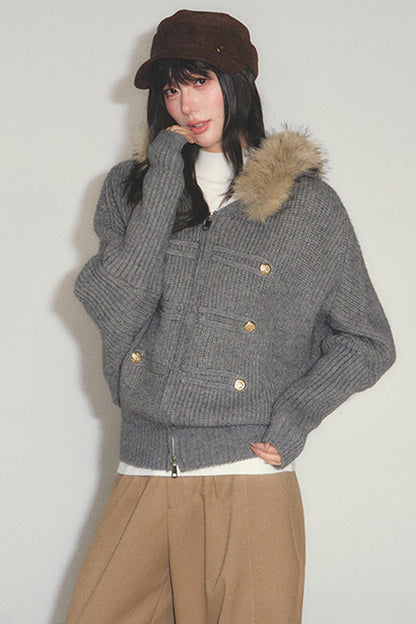 Large Fur Collar Batwing Knit Cardigan