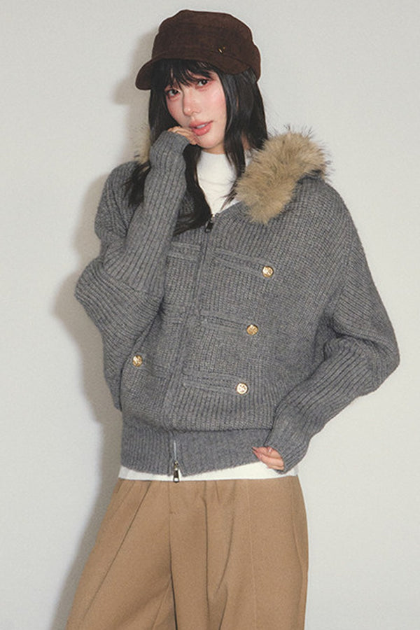 Large Fur Collar Batwing Knit Cardigan