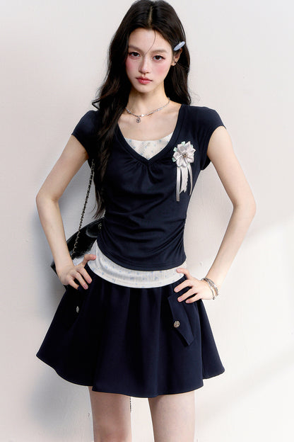 Floral Ruched Fake Two-Piece T-Shirt