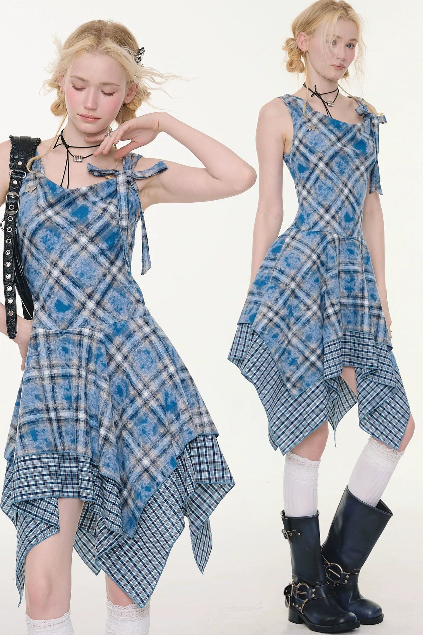 Vestido de tirantes de cuadros azules irregulares