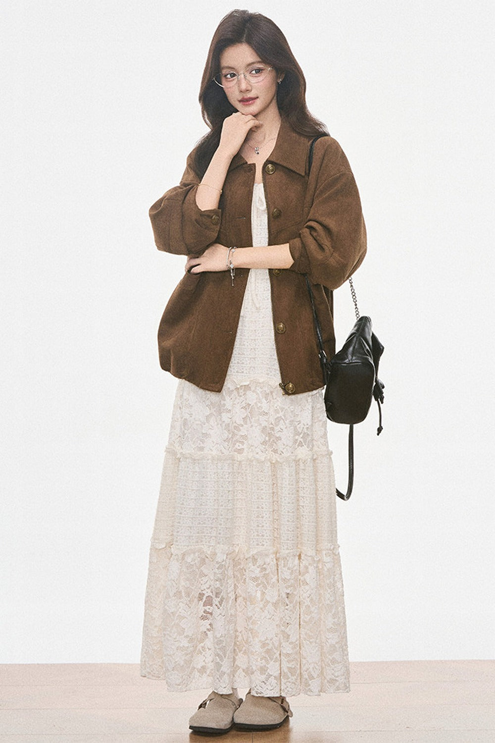 Brown Suede Jacket and Lace Dress Set-Up