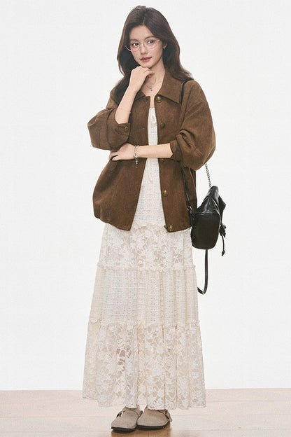 Brown Suede Jacket and Lace Dress Set-Up