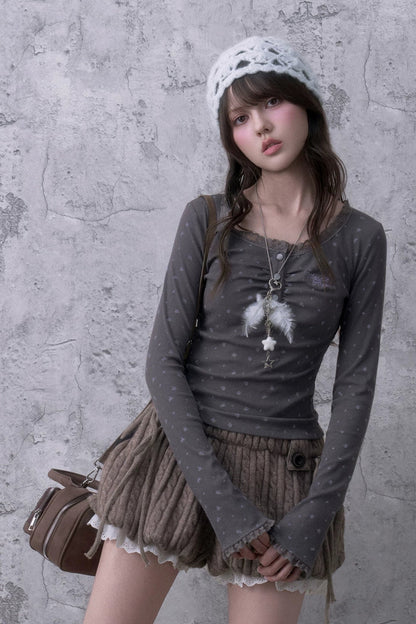 Gray Purple Lace Henley T-shirt