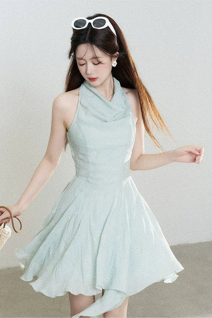 Halter Neck Sleeveless Irregular Hem Ruffle Dress