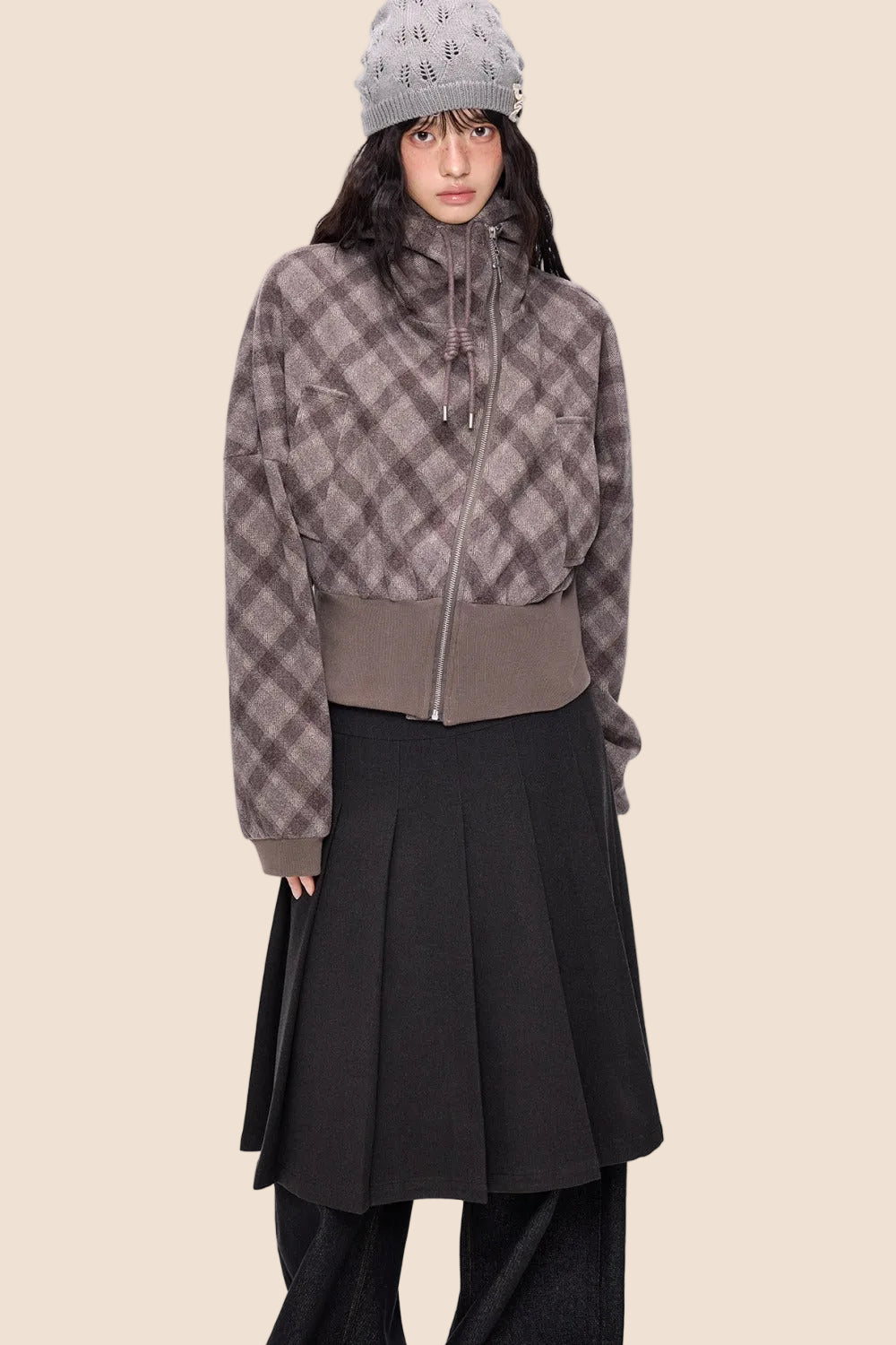 Plaid Patchwork Hem Hooded Jacket