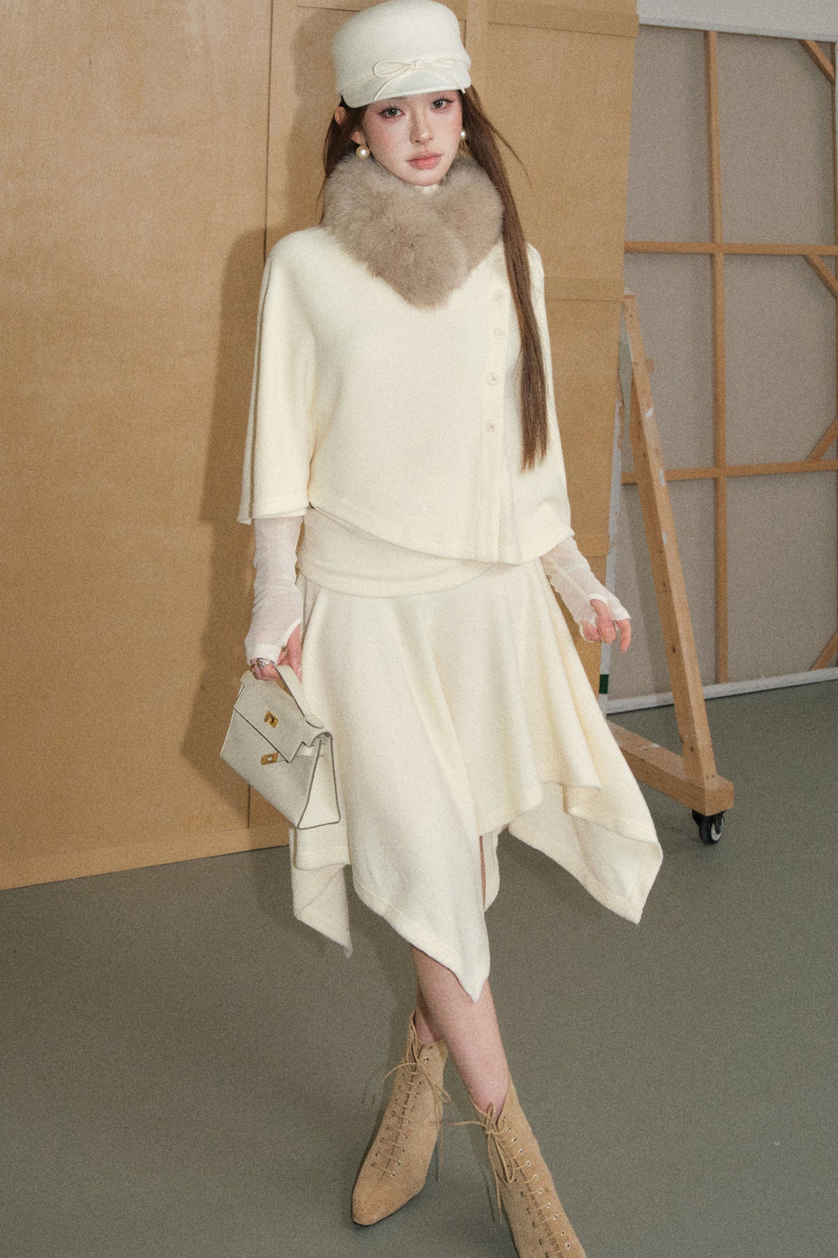 Velvet-Like Cape Top and Skirt Set