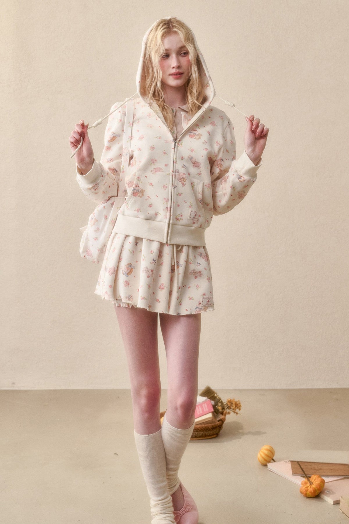 Bunny Print Hoodie Skirt Set-Up