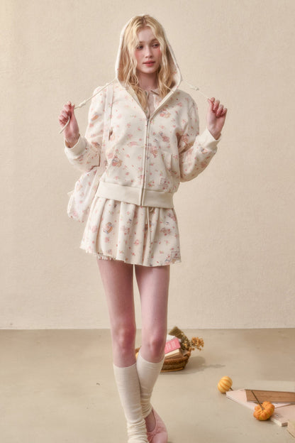 Bunny Print Hoodie Skirt Set-Up