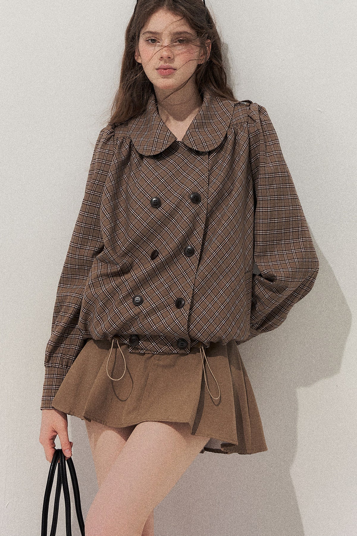 Brown Doll Collar Trench Coat and Skirt Set-Up
