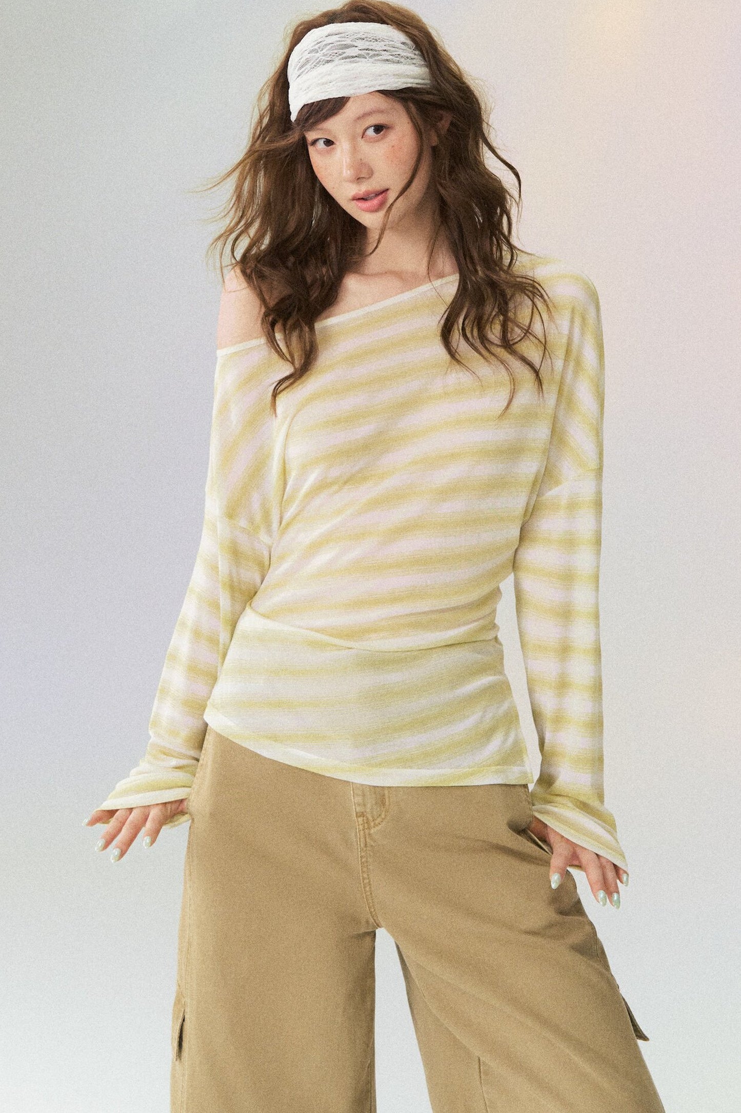 Off-Shoulder Striped Long-Sleeve Blouse