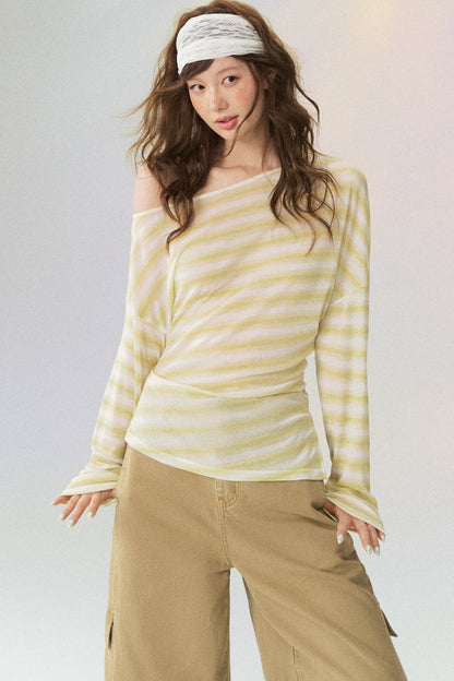 Off-Shoulder Striped Long-Sleeve Blouse