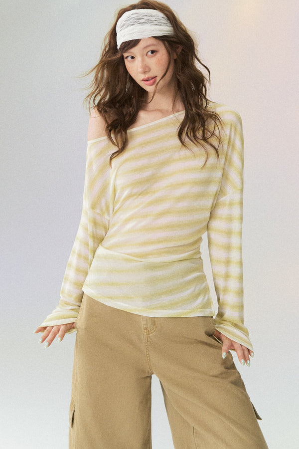 Off-Shoulder Striped Long-Sleeve Blouse