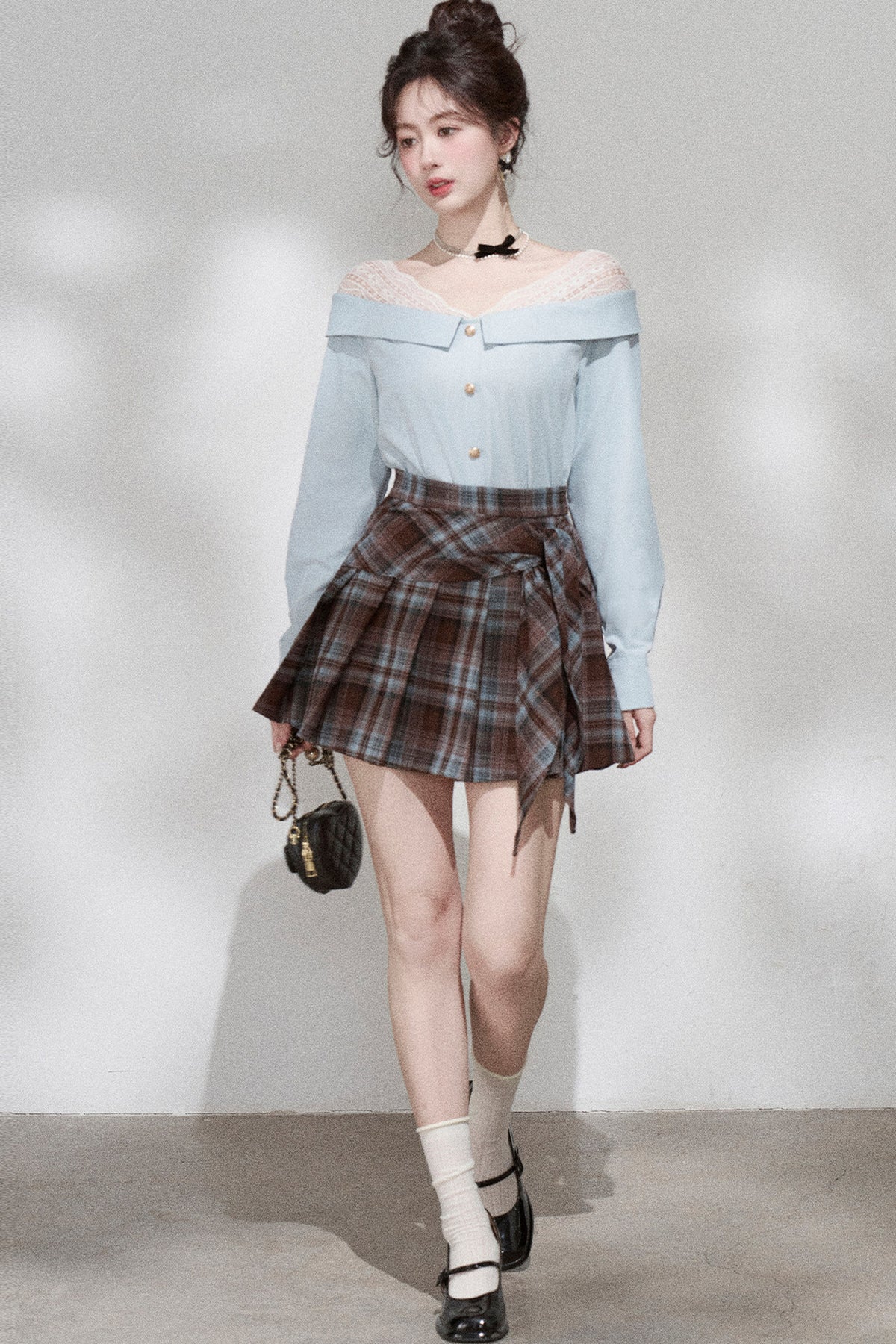 Blue Off-Shoulder Lace Blouse and Skirt Set-Up