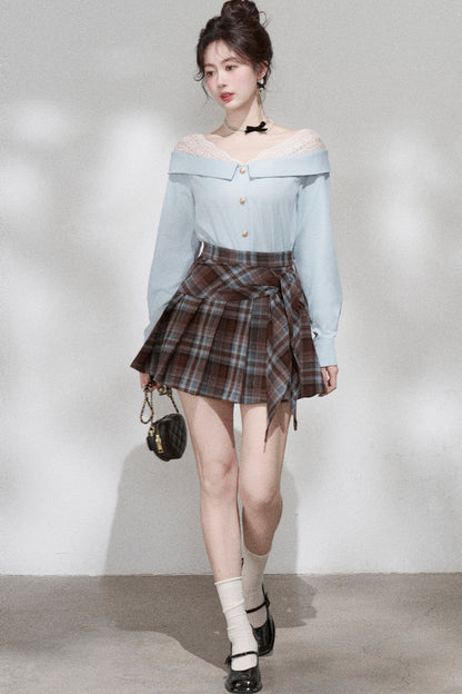 Blue Off-Shoulder Lace Blouse and Skirt Set-Up