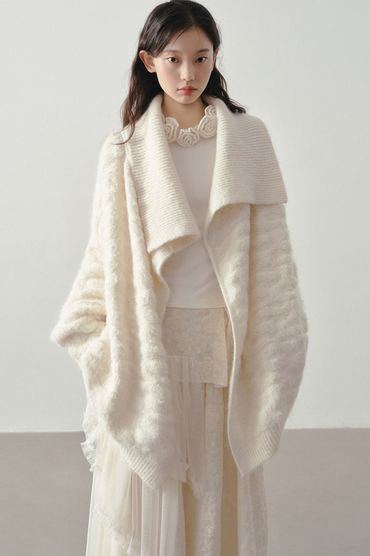 Beige Thick-Knit Loose Mid-Length Cardigan