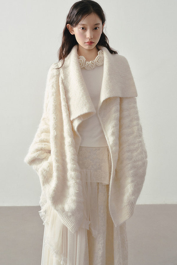 Beige Thick-Knit Loose Mid-Length Cardigan