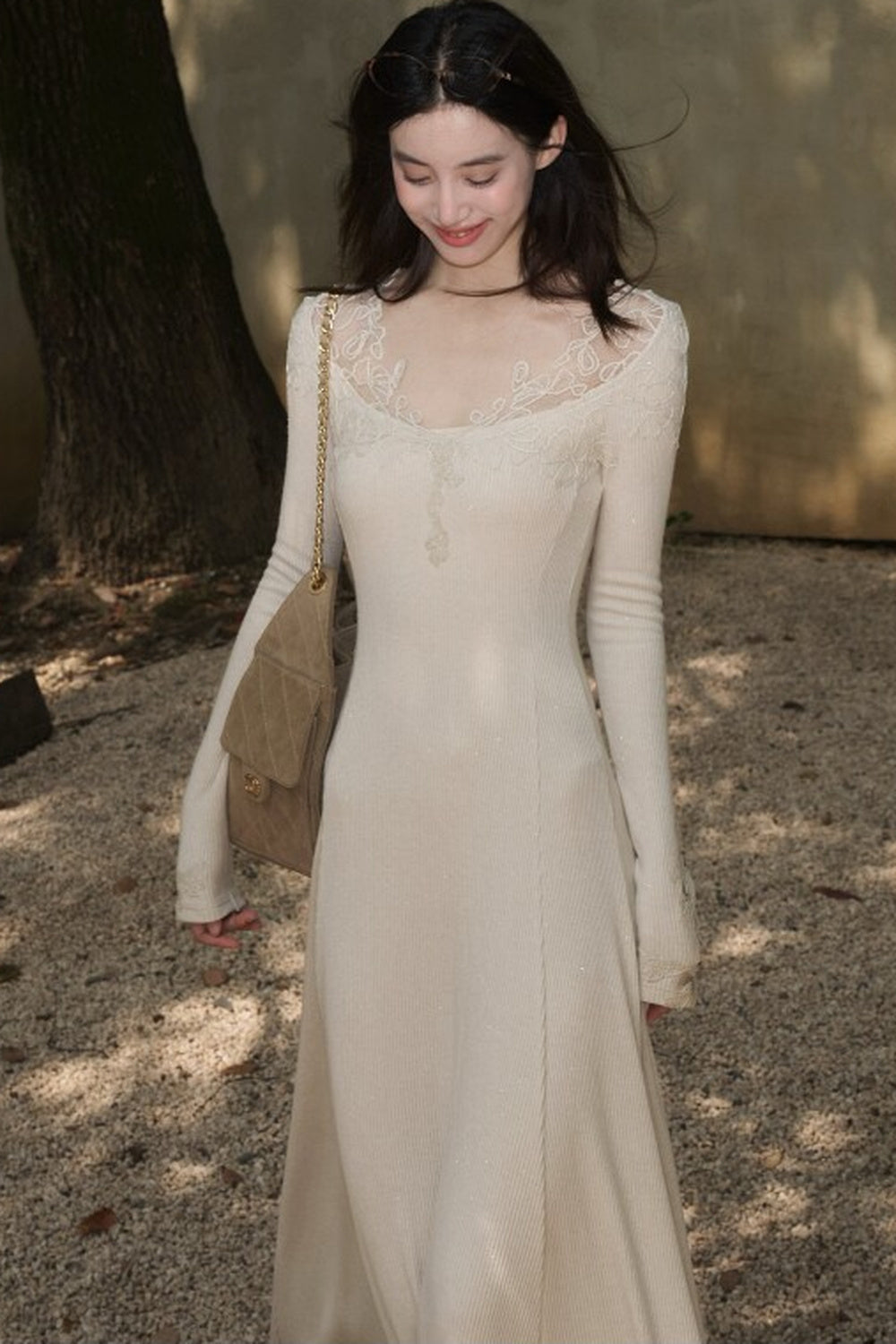 Spliced Lace Trim Long-Sleeve A-Line Dress