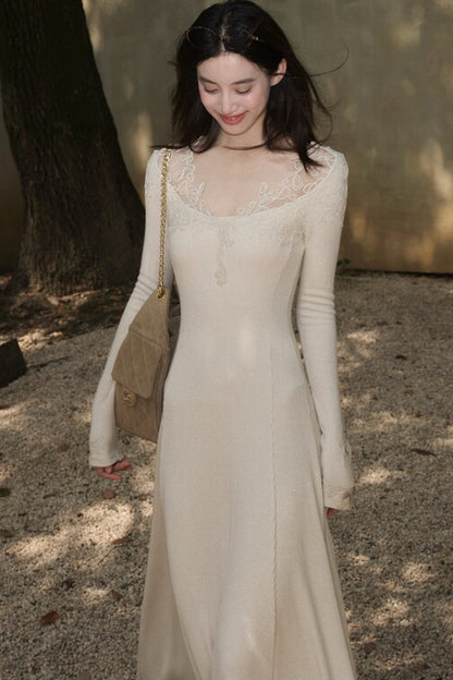 Spliced Lace Trim Long-Sleeve A-Line Dress