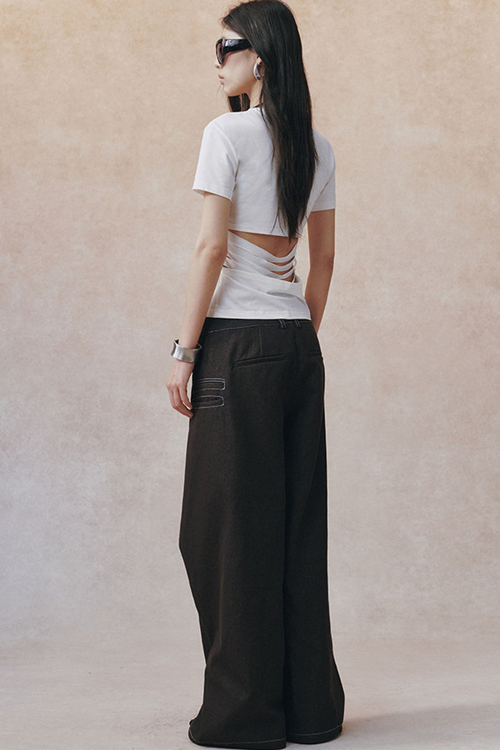 Backless Pleated Hollow-Out Short-Sleeve T-Shirt
