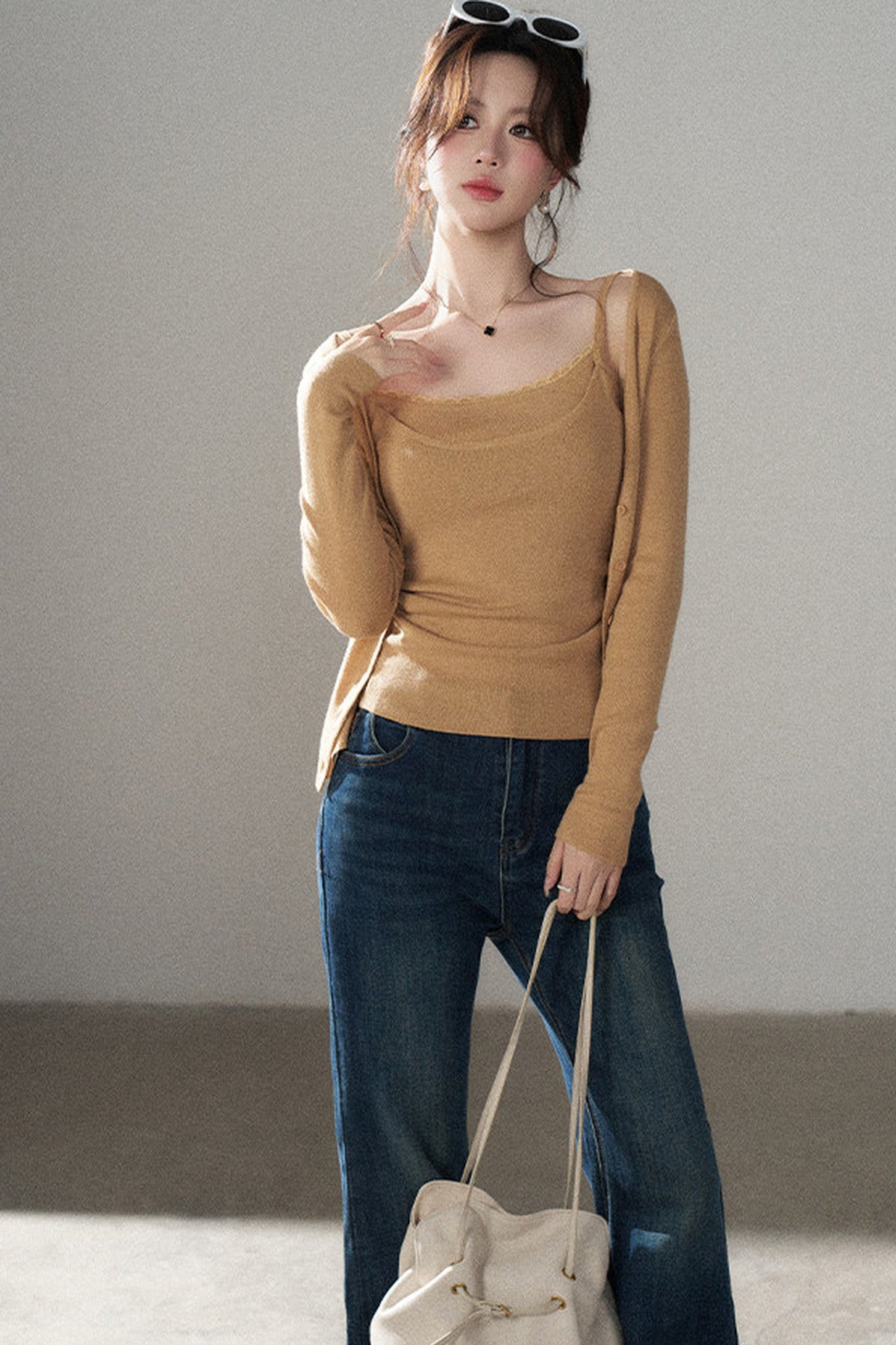 Orange Knit Vest and Cardigan and Jeans Set-Up
