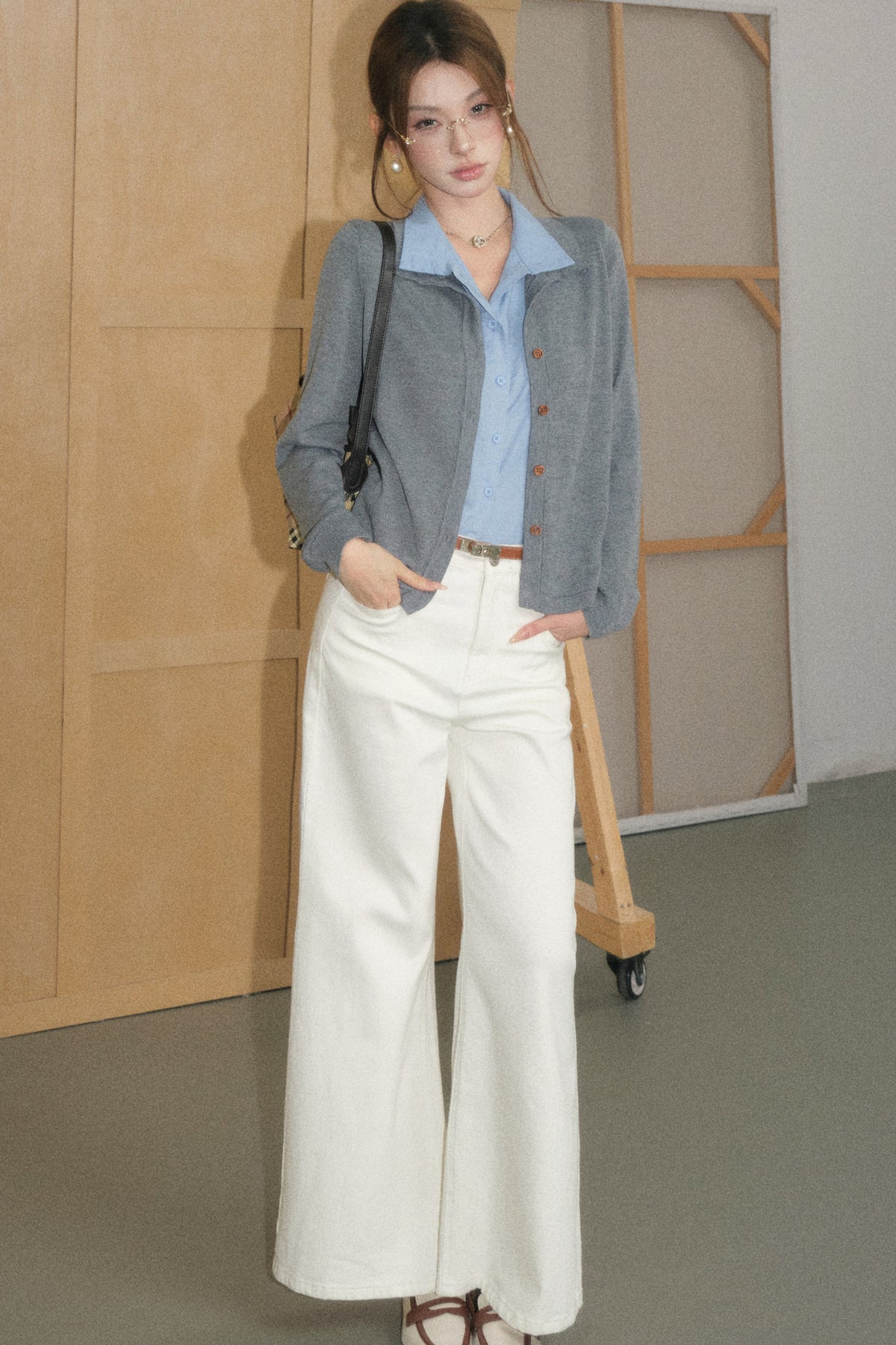 Grey Wool Cardigan and White Trousers Set-Up