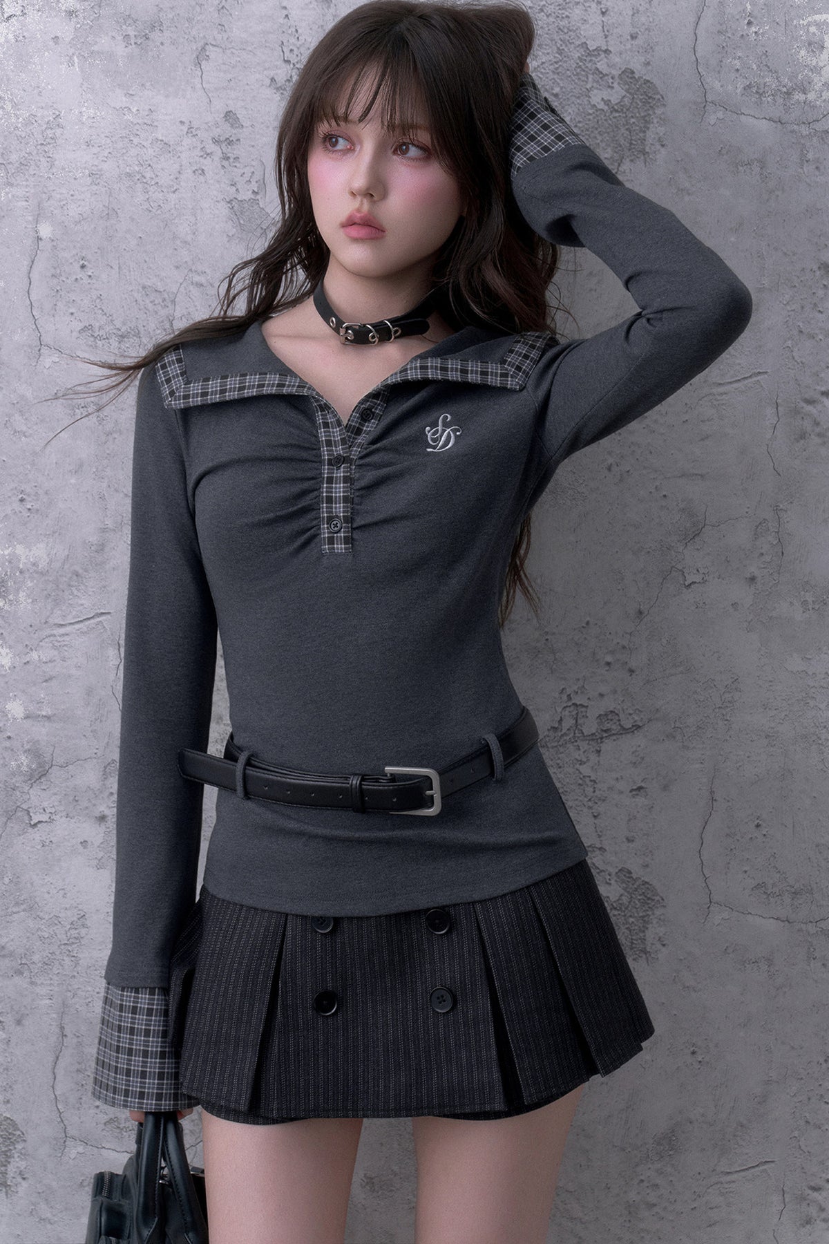 Gray Large Lapel Ruched Patchwork Blouse