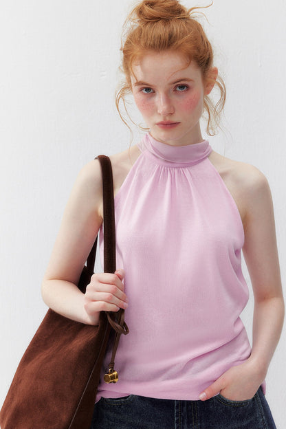Cotton Silk Ribbon Sleeveless Halter Top