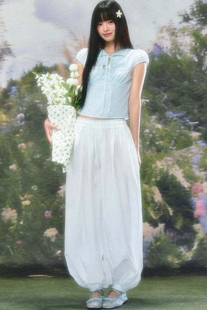 Sweet Girl Lace-Up Puff Sleeve Blouse Set-Up
