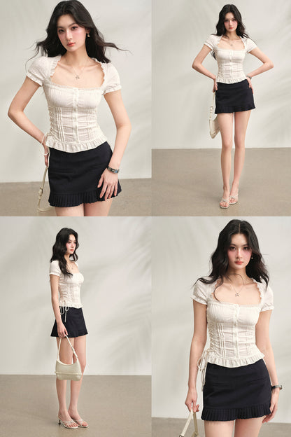 Square Neck Lace-Up Blouse