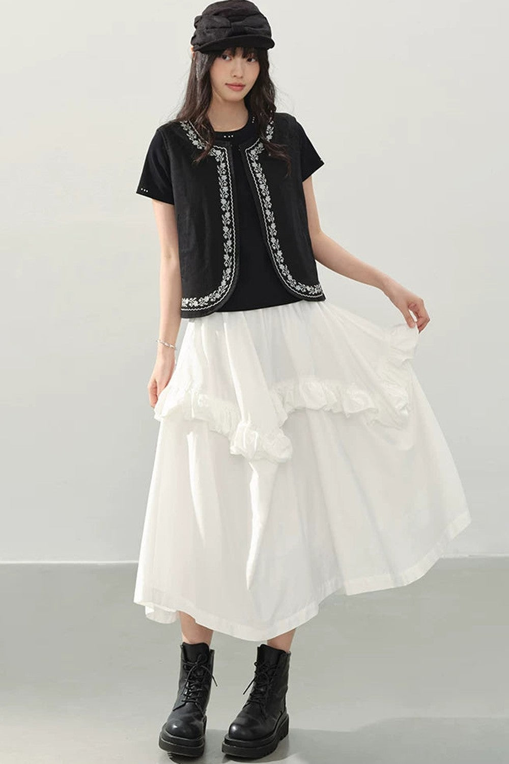 White High Waist Ruffle Midi Skirt