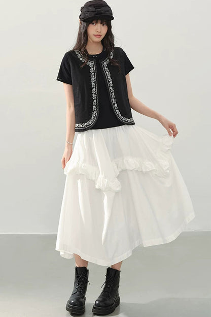 White High Waist Ruffle Midi Skirt