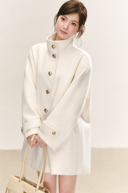White Wool Blend Detachable Fur Collar Coat