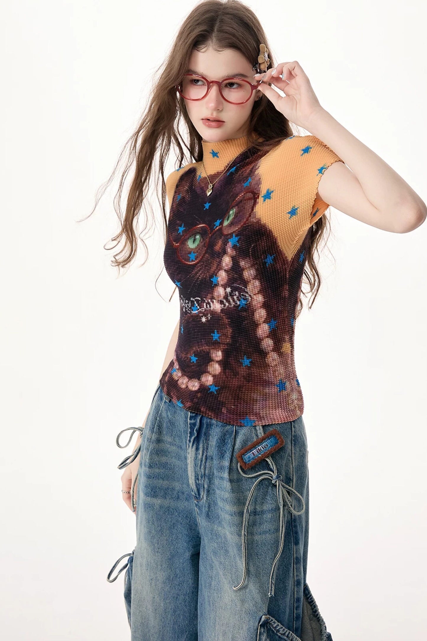 Yellow Star Cat Print Short Sleeve Top