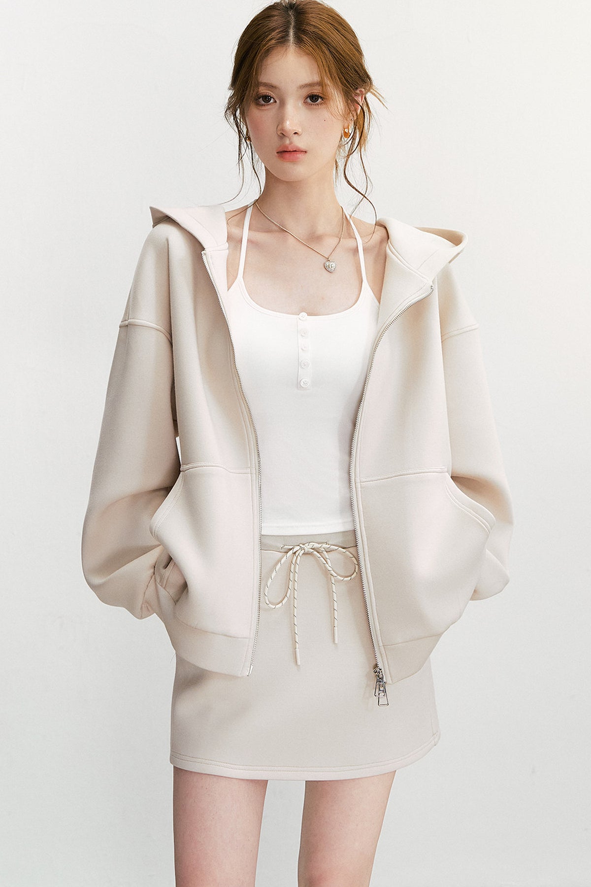 Long-Sleeved Oversized Hooded Sweatshirt Jacket And Skirt Set-Up