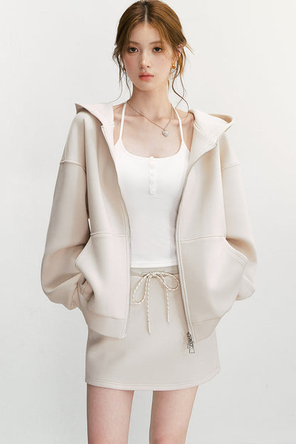Long-Sleeved Oversized Hooded Sweatshirt Jacket And Skirt Set-Up