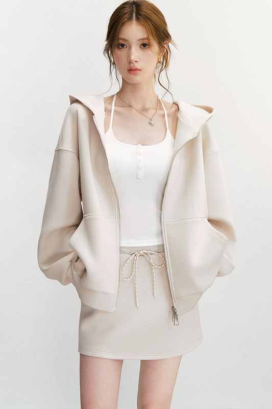 Long-Sleeved Oversized Hooded Sweatshirt Jacket And Skirt Set-Up
