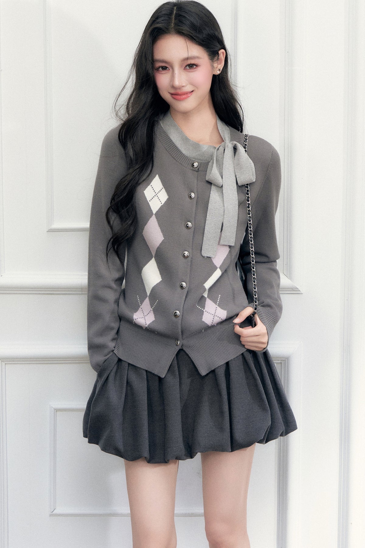 Layered-Look Argyle Sweater And Skirt Set-Up