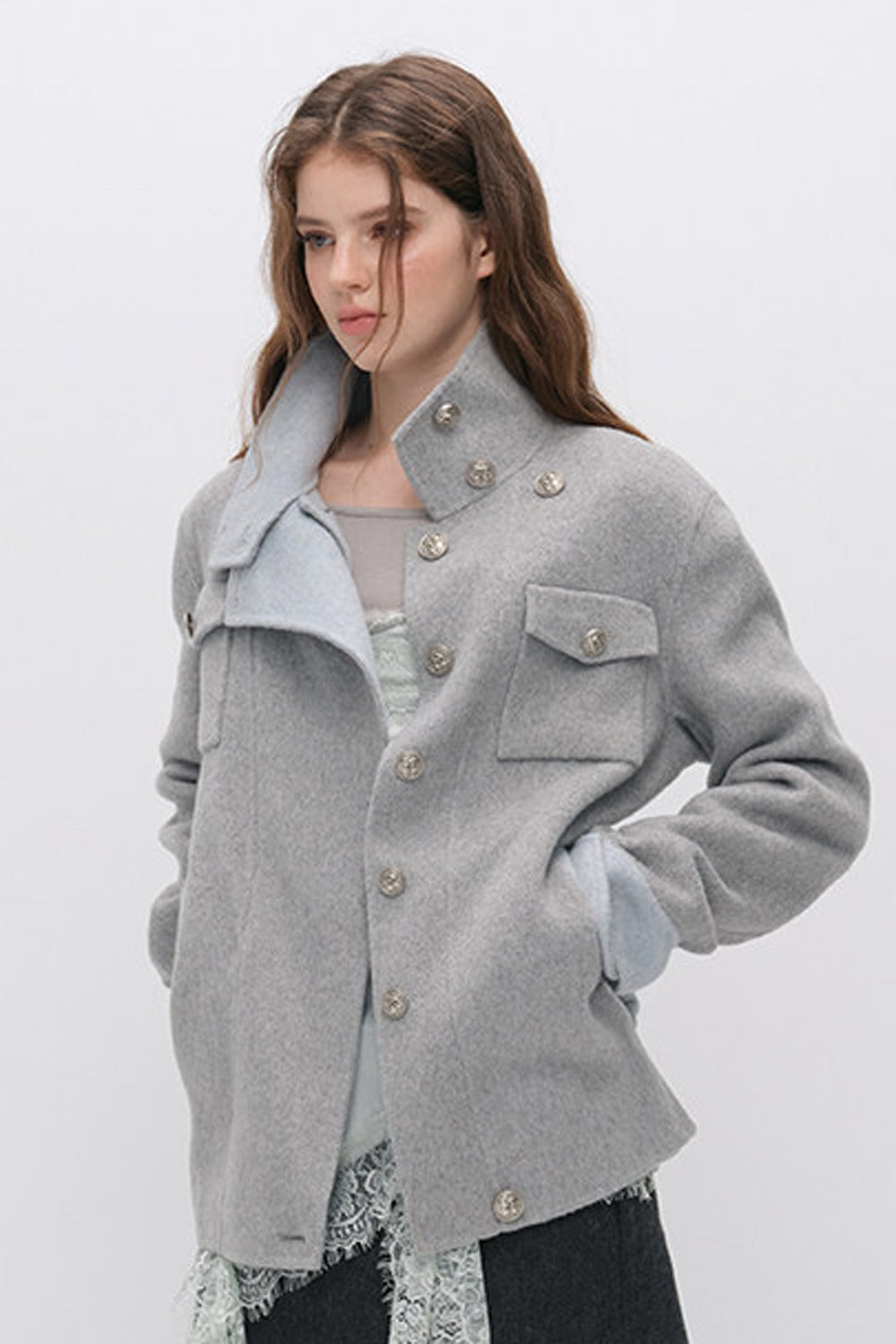 Belted Stand Collar Wool Coat