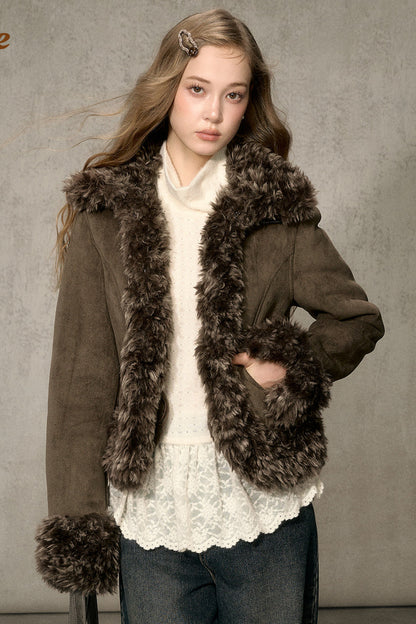 Faux Suede Short Fuzzy Collar Jacket