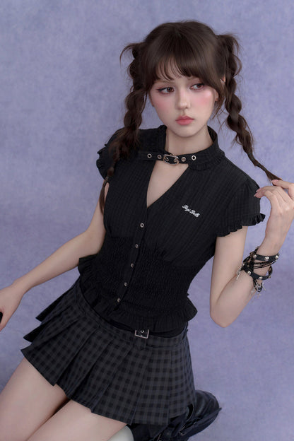 Dark Texture V-Neck Top Set-Up