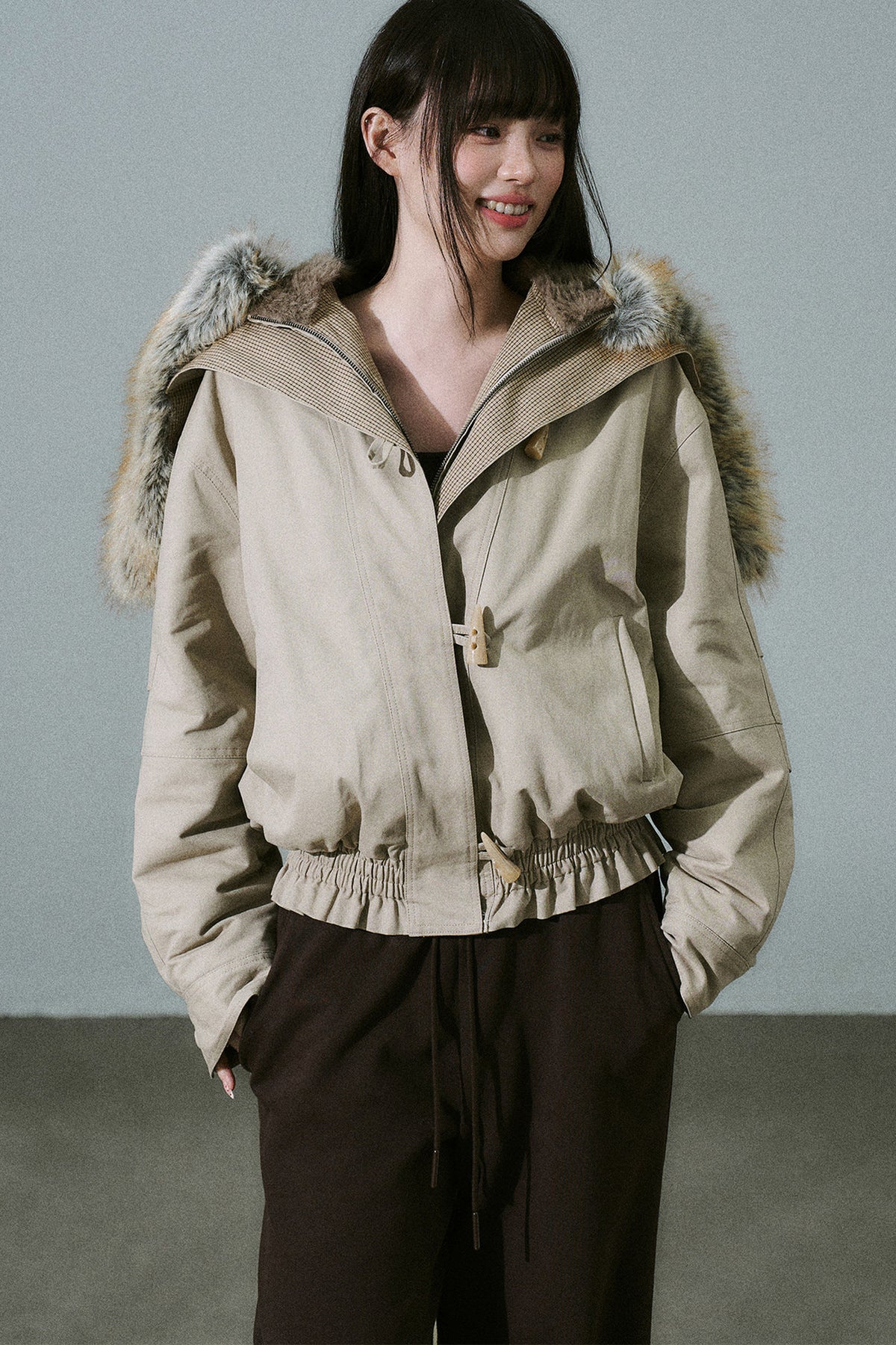 Horn Button Plaid Fur Collar Jacket