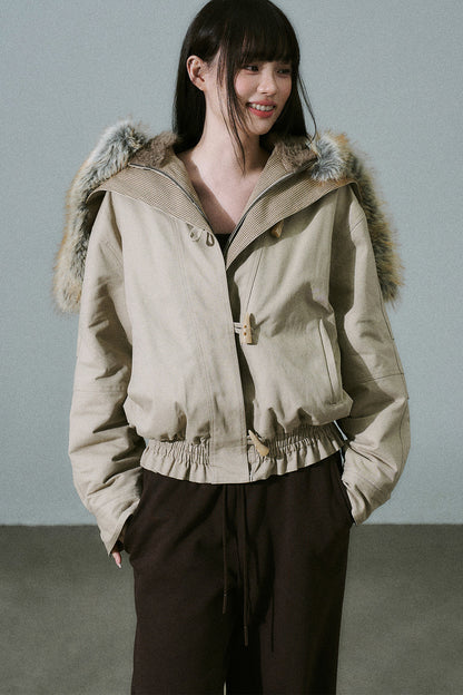 Horn Button Plaid Fur Collar Jacket