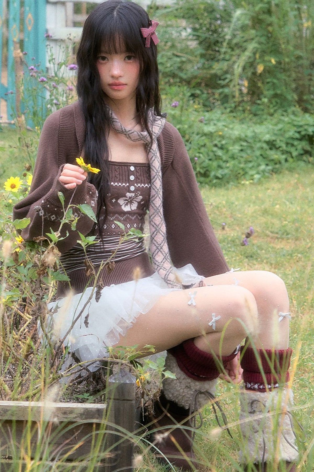 Brown Fair Isle Knit Tube Top and Cardigan Set-Up