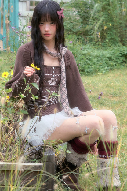 Brown Fair Isle Knit Tube Top and Cardigan Set-Up