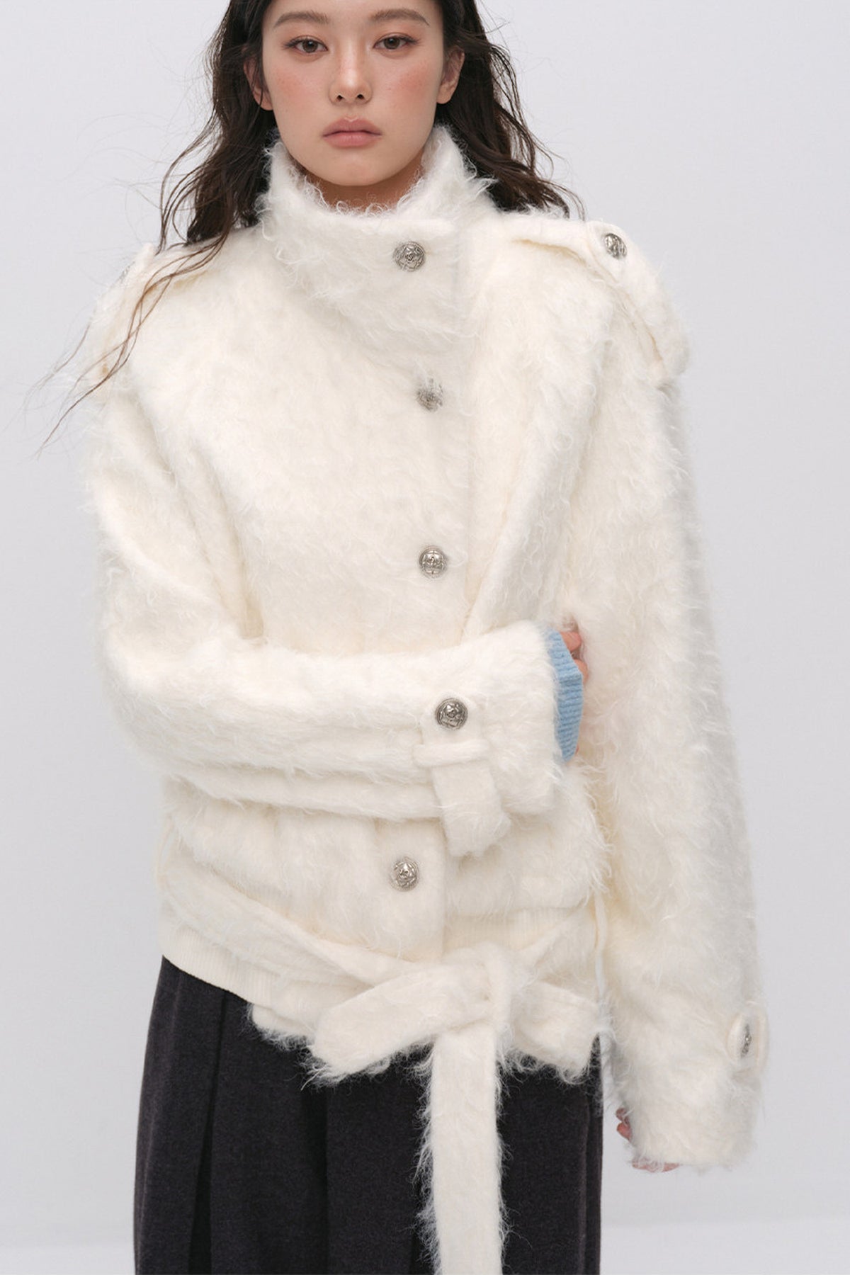 Faux Fur Diagonal Placket Tie Waist Jacket