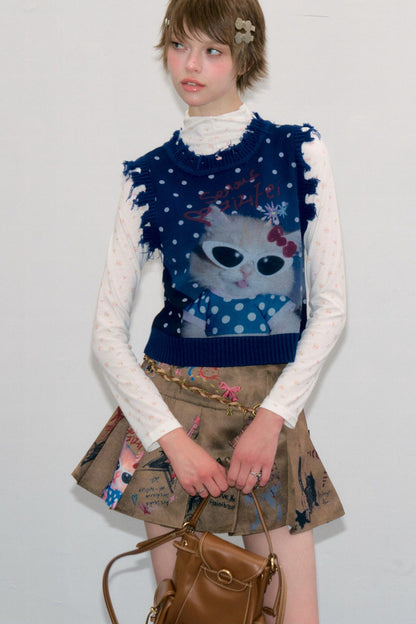 Navy Blue Cat Print Polka Dot Vest