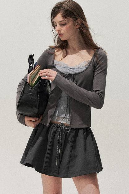 Lace Spliced Tie-Up Long Sleeve Top